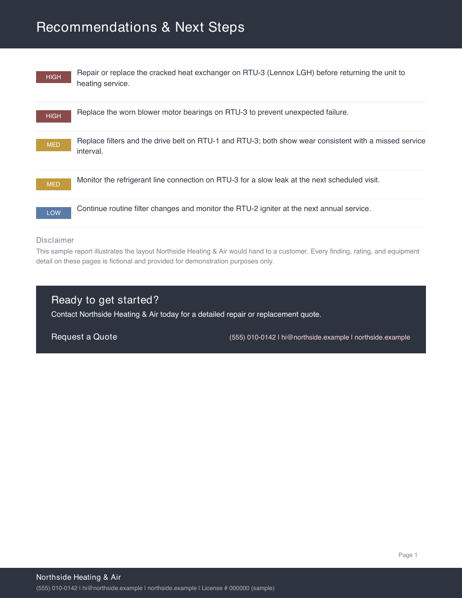 Sample report recommendations page for a made-up contractor, Northside Heating & Air